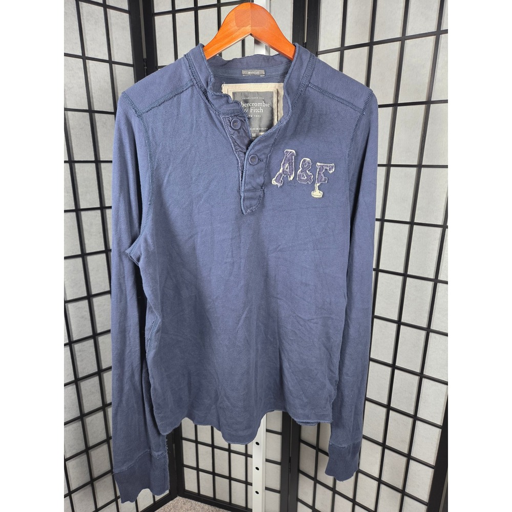 Vintage Y2K Abercrombie & Fitch Muscle Henley Shirt Navy Blue Mens Medium